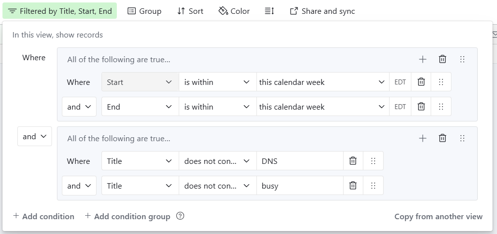 Calendar context filters