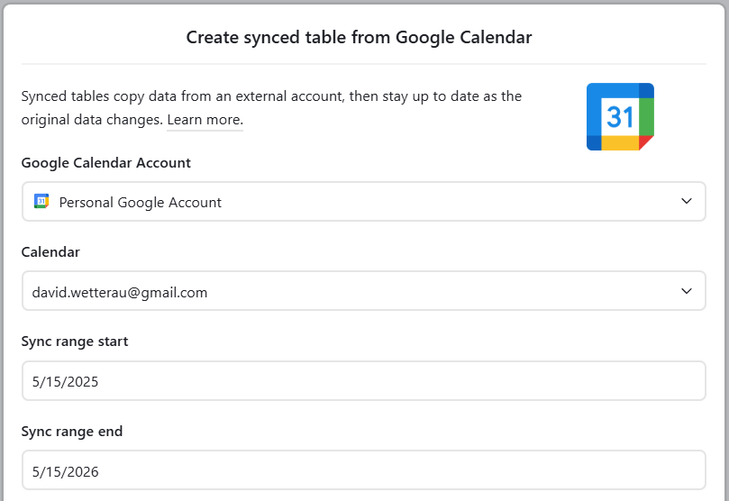 Calendar sync config