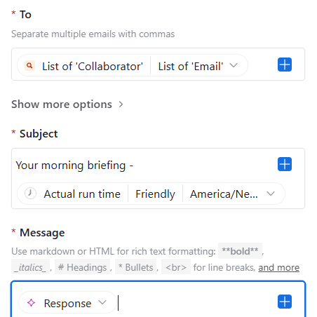 Summary email properties